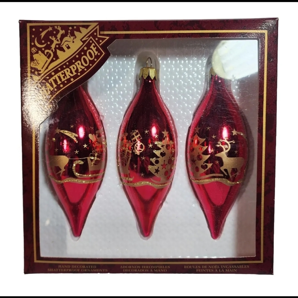 1 Box Of 3 Teardrop Christmas Ornaments Red Gold Reindeer Tree Shatterproof